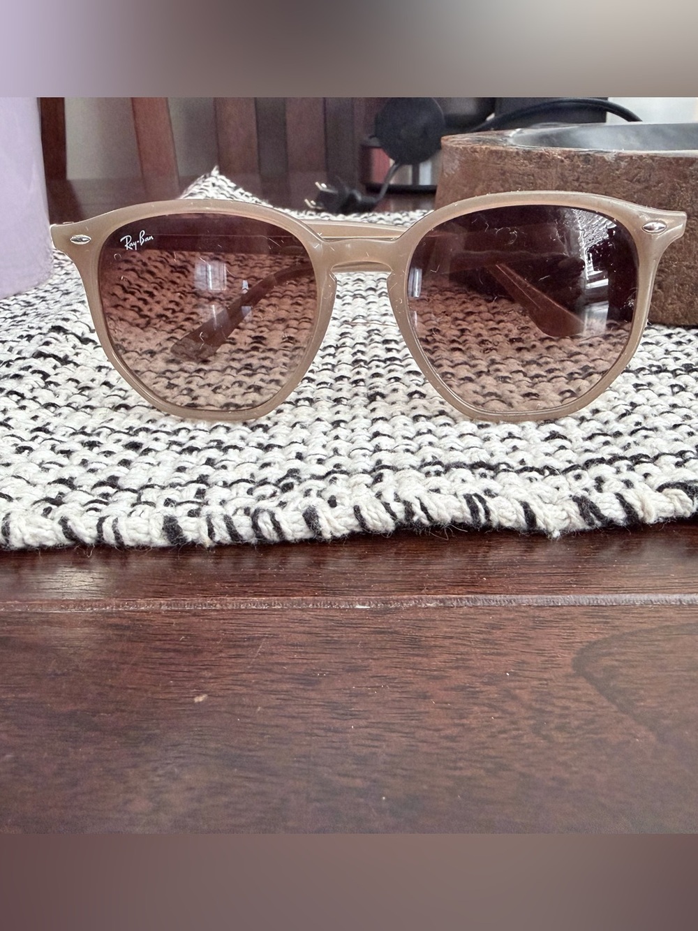 Transparent Beige Round Sunglasses with Brown Tint